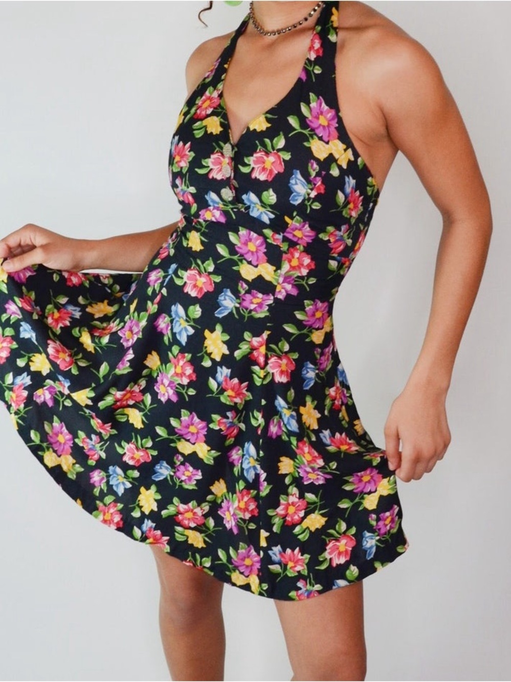 Betsey Johnson Black Halter Floral Mini Dress with Pink, Yellow & Blue Blooms